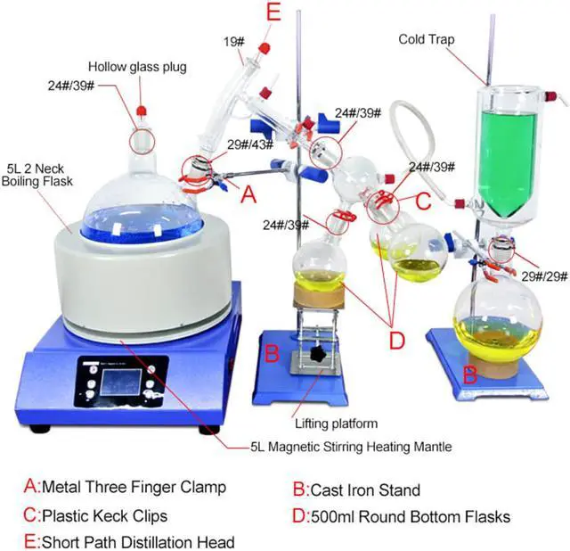 Alt view image 5 of 7 - HNZXIB 5L Short Path Distillation Kit SPD-5L 220V Laboratory Distillation Equipment Cold Trap Stirring Heating Mantle