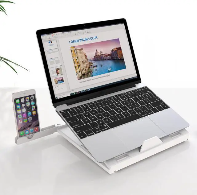 Alt view image 4 of 8 - OImaster Laptop Stand Adjustable Computer Stand Patented, Multi-Angle Stand Portable Foldable Laptop Riser Phone Stand Notebook Holder Compatible for MacBook, Air, Pro, Surface 9-15.6”Laptop White