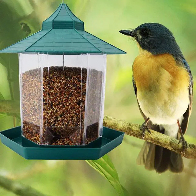 Alt view image 6 of 7 - AUTENS Hanging Panorama Gazebo Wild Bird feeding tables, Hexagon Shaped Waterproof Can Hold 2.25 lb with Roof Hanging Bird feeder, Perfect for Garden Decoration, Bird Watching for Bird Lover (Green)