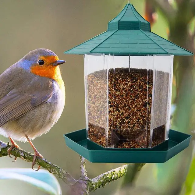 Alt view image 5 of 7 - AUTENS Hanging Panorama Gazebo Wild Bird feeding tables, Hexagon Shaped Waterproof Can Hold 2.25 lb with Roof Hanging Bird feeder, Perfect for Garden Decoration, Bird Watching for Bird Lover (Green)