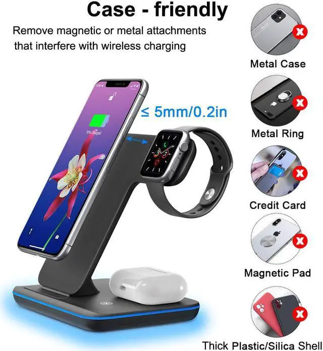 Alt view image 7 of 7 - AUTENS Wireless Charging Stand, 3 in 1 15W Qi Fast Charger Dock for iPhone 12/12 mini/11/Pro Max X XS XR, for Samsung Galaxy S20/S10/S8/Note 10/9, Airpods Pro/2, iWatch Series SE/6/5/4/3/2/1