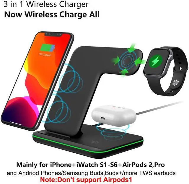 Alt view image 4 of 7 - AUTENS Wireless Charging Stand, 3 in 1 15W Qi Fast Charger Dock for iPhone 12/12 mini/11/Pro Max X XS XR, for Samsung Galaxy S20/S10/S8/Note 10/9, Airpods Pro/2, iWatch Series SE/6/5/4/3/2/1