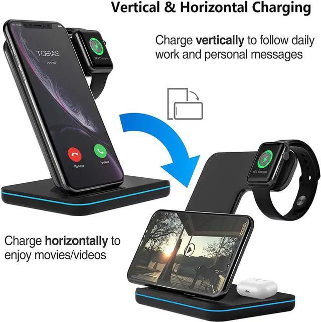 Alt view image 3 of 7 - AUTENS Wireless Charging Stand, 3 in 1 15W Qi Fast Charger Dock for iPhone 12/12 mini/11/Pro Max X XS XR, for Samsung Galaxy S20/S10/S8/Note 10/9, Airpods Pro/2, iWatch Series SE/6/5/4/3/2/1