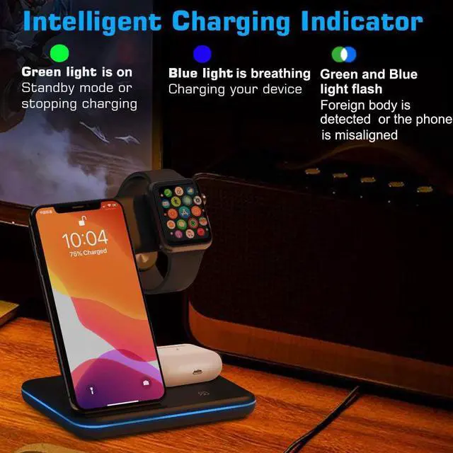 Alt view image 6 of 7 - AUTENS Wireless Charging Stand, 3 in 1 15W Qi Fast Charger Dock for iPhone 12/12 mini/11/Pro Max X XS XR, for Samsung Galaxy S20/S10/S8/Note 10/9, Airpods Pro/2, iWatch Series SE/6/5/4/3/2/1