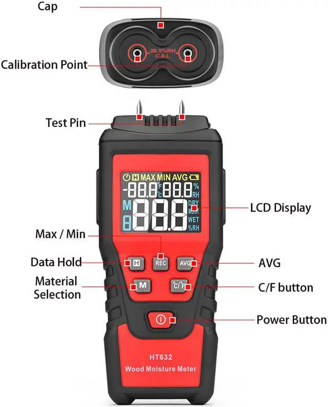 Alt view image 2 of 7 - Wood Moisture Meter Digital Wood Humidity Tester Hygrometer Timber Damp Detector with Pin-Type, Backlit LCD Display, Portable Bag for Detecting Water Leaks and Moisture in Wood Ceilings Walls
