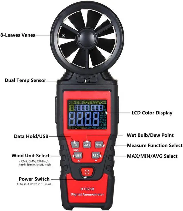 Alt view image 7 of 7 - Digital Anemometer Humidity Temperature Testers with USB Data Logging, LCD Color Screen, Wind Speed Meter Air Flow Meters for Measuring Wind Speed, Air Volume, MAX/MIN/AVG and Data Hold