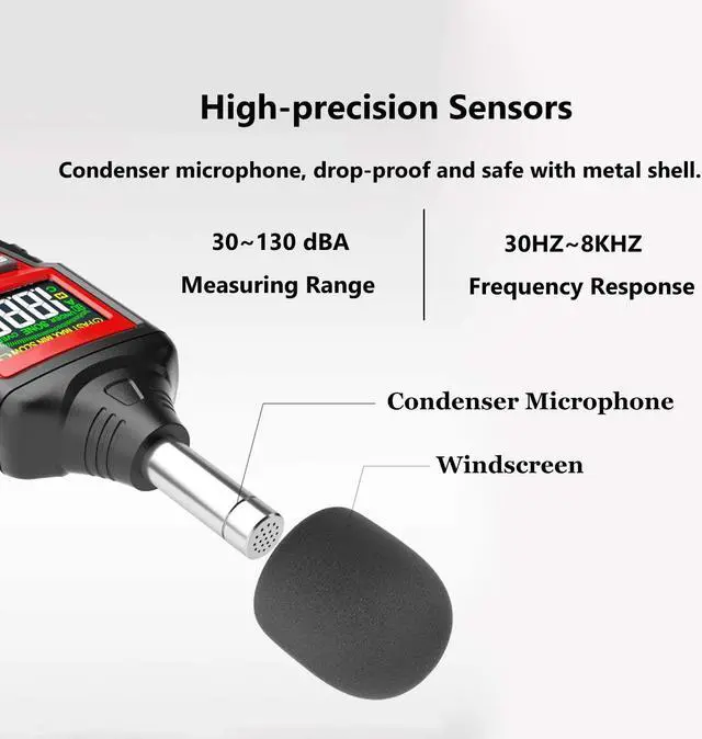 Alt view image 7 of 7 - Decibel Meter, Digital Sound Level Meter 30-130dB(A) Range with Max/Min/Data Hold, Fast/Slow Mode ect. Auto/Manual Range