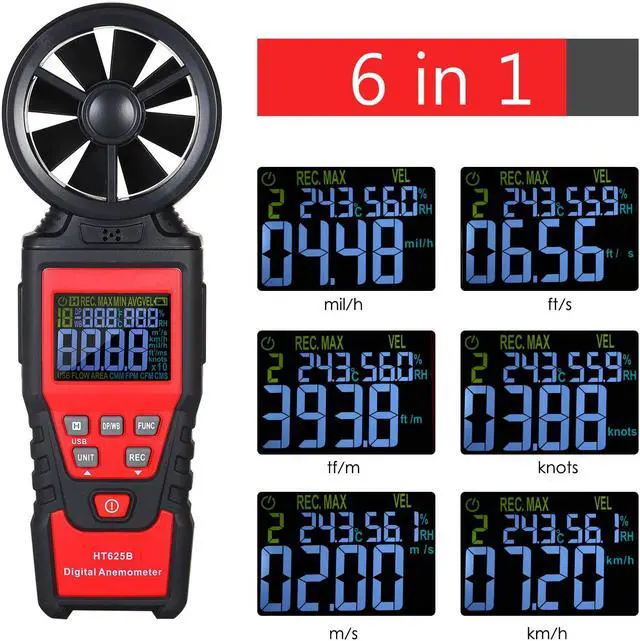 Alt view image 6 of 7 - Digital Anemometer Humidity Temperature Testers with USB Data Logging, LCD Color Screen, Wind Speed Meter Air Flow Meters for Measuring Wind Speed, Air Volume, MAX/MIN/AVG and Data Hold