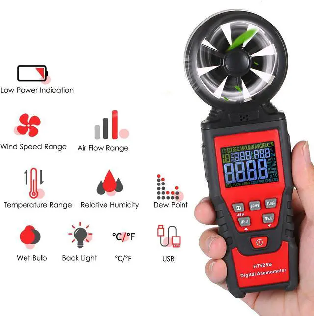 Alt view image 3 of 7 - Digital Anemometer Humidity Temperature Testers with USB Data Logging, LCD Color Screen, Wind Speed Meter Air Flow Meters for Measuring Wind Speed, Air Volume, MAX/MIN/AVG and Data Hold