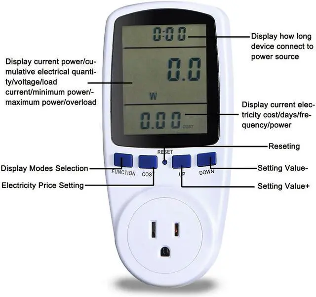 Alt view image 2 of 7 - AUTENS Digital Power Meter US Plug LCD Power Saving Energy Monitor Watt Amp Volt KWh Meter Electricity Analyzer