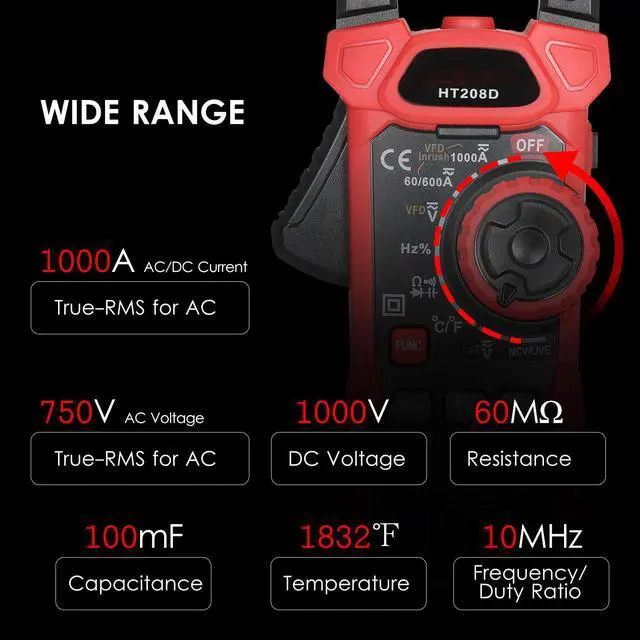 Alt view image 7 of 7 - AC/DC Digital Clamp Meter 1000A True RMS Auto Range Professional Multimeter, 6000 Counts, Inrush, VFD, LOZ Mode Measures Current Voltage Temperature Capacitance Resistance Diodes Continuity Duty-Cycle