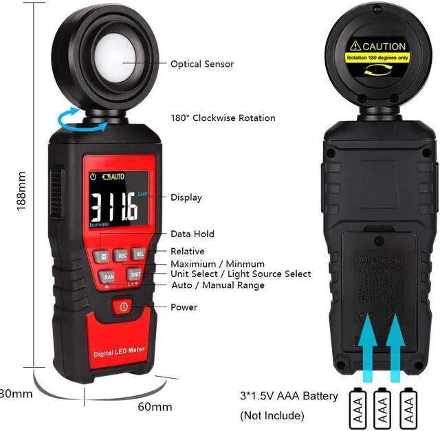 Alt view image 5 of 7 - AUTENS Digital Lux Light Meter Lumenmeter Lux/FC Meters Luminometer, 2000 Counts 0-200000 Lux/0-20000FC(0.01lux/0.01FC Resolution) with Auto Manual Range, Max/Min, Data Hold, Backlight