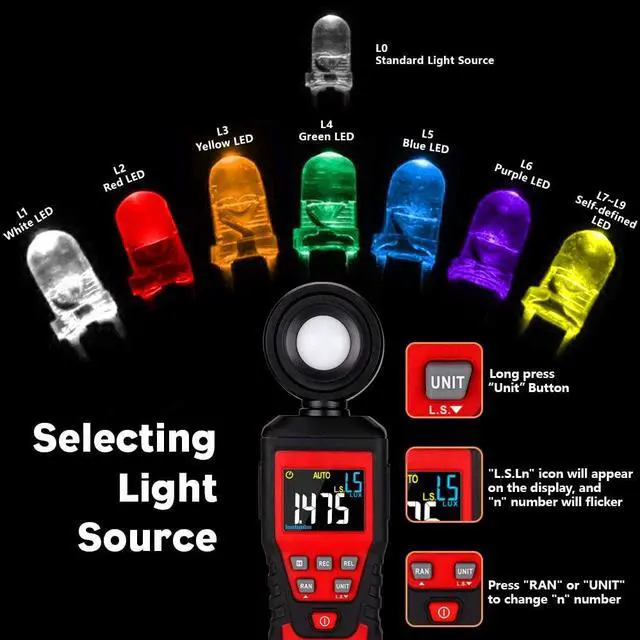 Alt view image 2 of 7 - AUTENS Digital Lux Light Meter Lumenmeter Lux/FC Meters Luminometer, 2000 Counts 0-200000 Lux/0-20000FC(0.01lux/0.01FC Resolution) with Auto Manual Range, Max/Min, Data Hold, Backlight