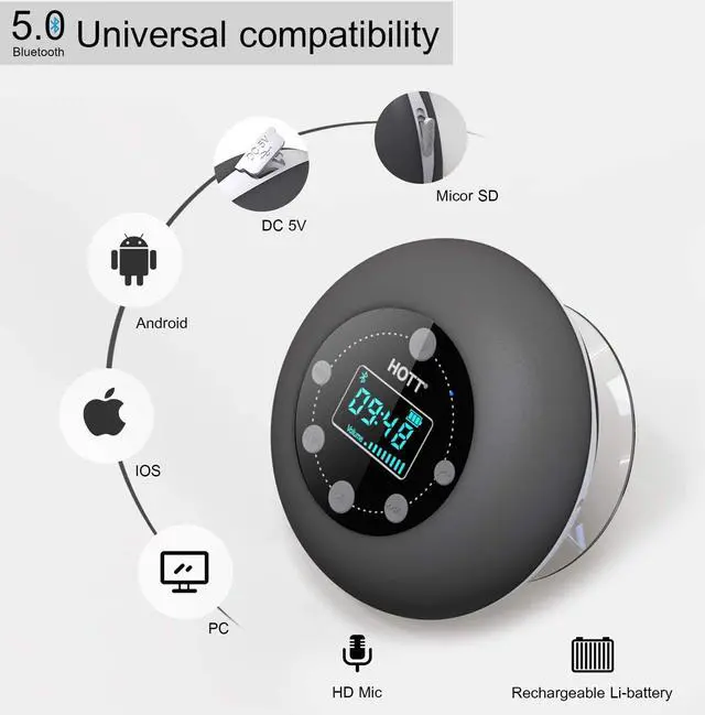Alt view image 5 of 7 - Shower Speaker, Bluetooth 5.0 Shower Speaker Water Resistant with LCD Clock Display, Loud HD Sound, Suction Cup, Shower Radio with 10H Playtime, FM, SD Card, Microphone for iPhone iPad Samsung