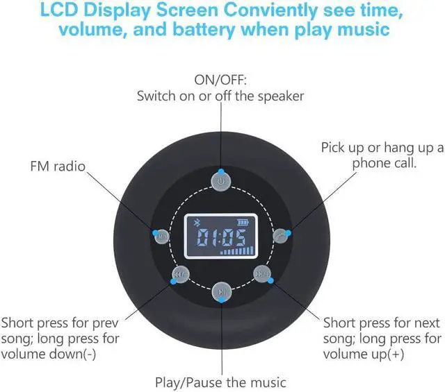 Alt view image 4 of 7 - Shower Speaker, Bluetooth 5.0 Shower Speaker Water Resistant with LCD Clock Display, Loud HD Sound, Suction Cup, Shower Radio with 10H Playtime, FM, SD Card, Microphone for iPhone iPad Samsung