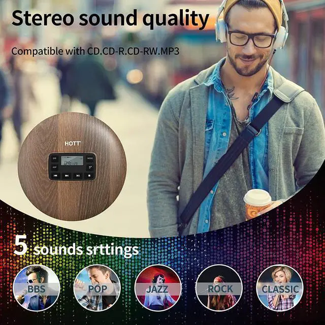 Alt view image 2 of 5 - HOTT CD611 Portable CD Player for Home Travel and Car with Stereo Headphones, Anti-Shock ,Wood Grain Pattern