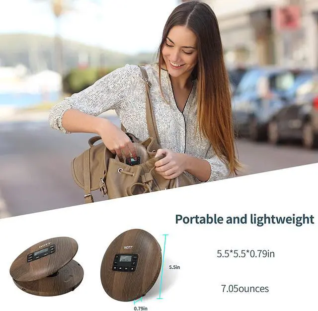 Alt view image 3 of 5 - HOTT CD611 Portable CD Player for Home Travel and Car with Stereo Headphones, Anti-Shock ,Wood Grain Pattern