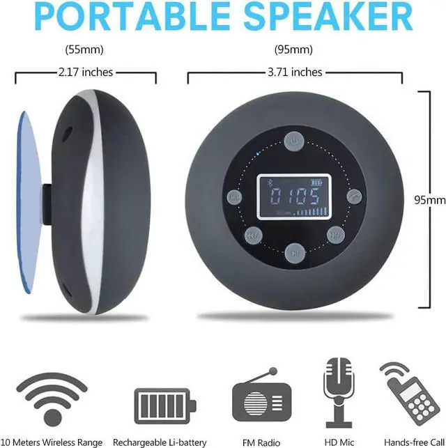Alt view image 2 of 7 - Shower Speaker, Bluetooth 5.0 Shower Speaker Water Resistant with LCD Clock Display, Loud HD Sound, Suction Cup, Shower Radio with 10H Playtime, FM, SD Card, Microphone for iPhone iPad Samsung