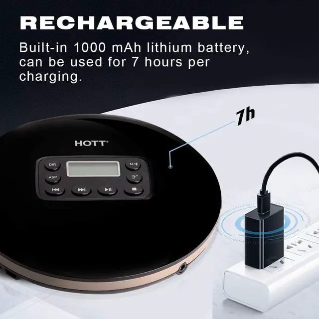 Alt view image 7 of 7 - HOTT Portable CD Player CD711T Bluetooth Rechargeable CD Player for Home Travel and Car with Stereo Headphones and, Anti Shock Protection (Black)