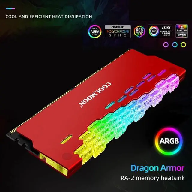 Alt view image 6 of 7 - COOLMOON ARGB RAM Heatsink Cooler RGB Memory Cooling Heat Sink 5V 3 Pin 4 Pin Aluminum Alloy RA-2 Colorful Flashing Heat Spreader for Desktop PC Computer Accessories (Red)