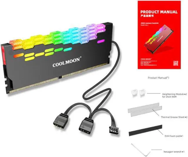 Alt view image 7 of 7 - COOLMOON ARGB RAM Heatsink Cooler RGB Memory Cooling Heat Sink 5V 3 Pin 4 Pin Aluminum Alloy RA-2 Colorful Flashing Heat Spreader for Desktop PC Computer Accessories (Gray)