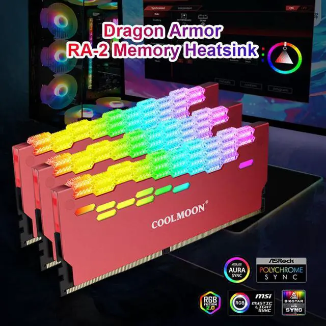 Alt view image 2 of 7 - COOLMOON ARGB RAM Heatsink Cooler RGB Memory Cooling Heat Sink 5V 3 Pin 4 Pin Aluminum Alloy RA-2 Colorful Flashing Heat Spreader for Desktop PC Computer Accessories (Red)