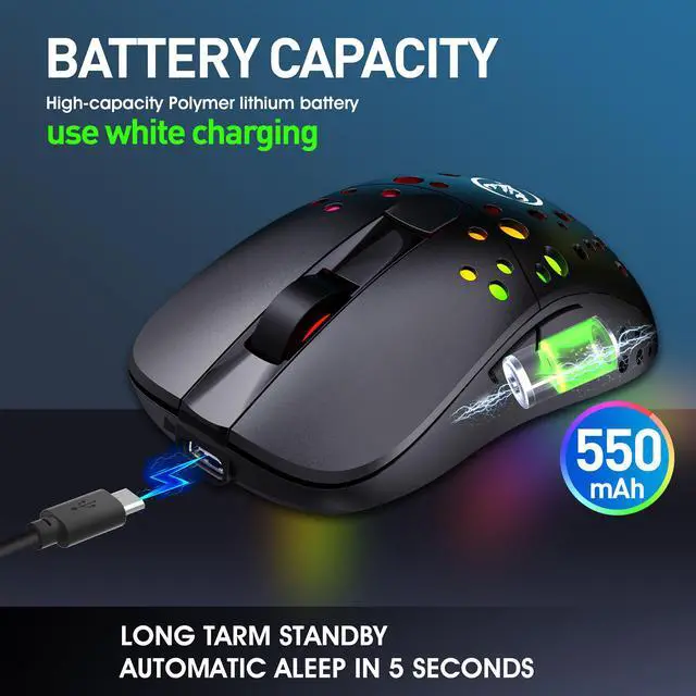 Alt view image 3 of 8 - AUTENS Lightweight Gaming Mouse, 2.4G Wireless and USB-C Wired Dual-Mode Rechargeable Mice, 6 Programmable Buttons Customize Backlit, 6 Levels Adjustable DPI Up to 10000 for Laptop PC Mac Windows