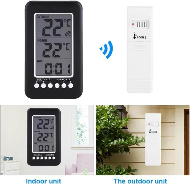Alt view image 3 of 7 - AUTENS Indoor/Outdoor Thermometer, LCD Digital Indoor Outdoor Thermometer Clock Temperature Meter Wireless Transmitter for Greenhouse (Black)