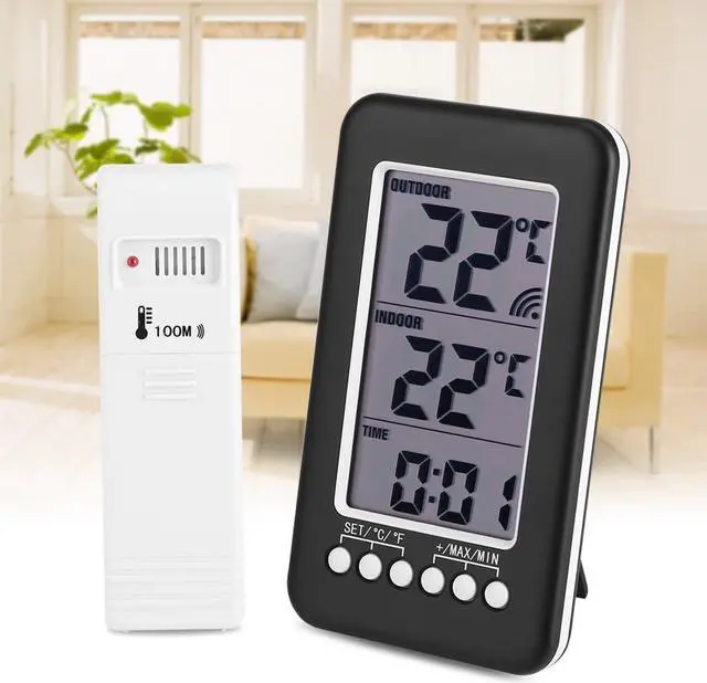 Alt view image 2 of 7 - AUTENS Indoor/Outdoor Thermometer, LCD Digital Indoor Outdoor Thermometer Clock Temperature Meter Wireless Transmitter for Greenhouse (Black)