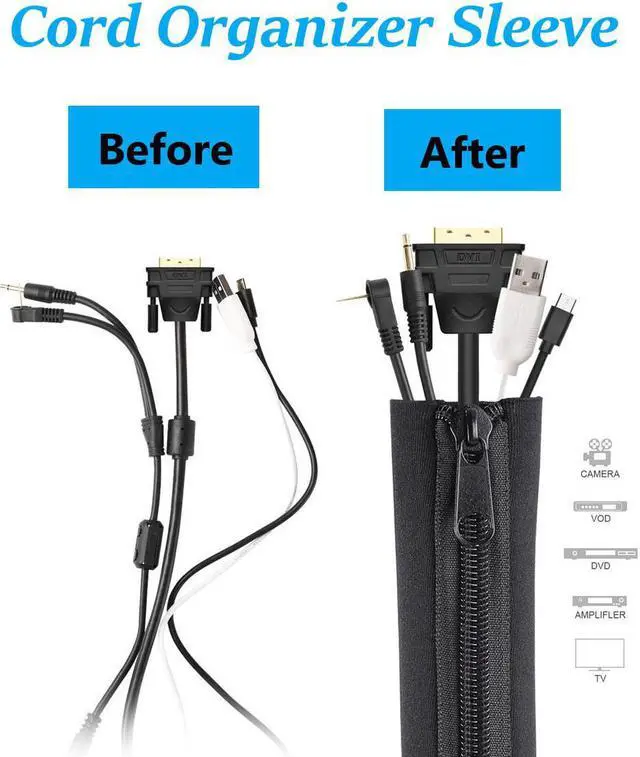 Alt view image 4 of 7 - DIY Cable Management Sleeve Zipper Closure Wrap Wire Cord Hider Cover Organizer System 19.5 inch for PC/TV/Office/Phone, 4 Pack Black