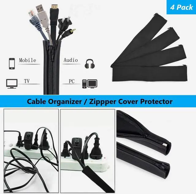 Alt view image 2 of 7 - DIY Cable Management Sleeve Zipper Closure Wrap Wire Cord Hider Cover Organizer System 19.5 inch for PC/TV/Office/Phone, 4 Pack Black