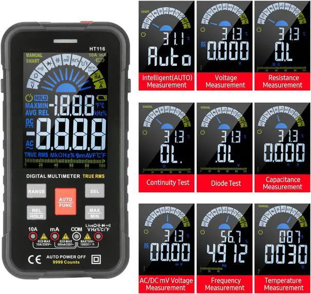 Alt view image 4 of 7 - Digital Multimeter NCV Auto-Ranging 9999 Counts TRMS 1000V 10A Tester Frequency Counter Voltmeter Ohmmeter Capacitance Temperature, Measures AC DC Voltage Current
