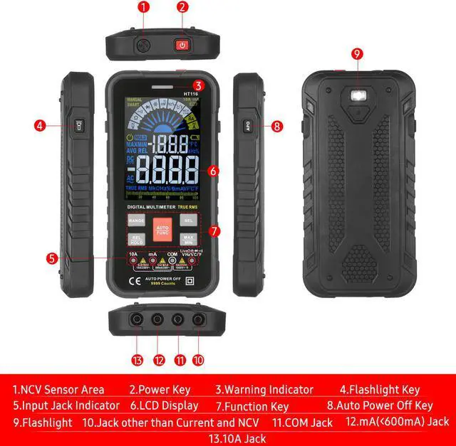 Alt view image 2 of 7 - Digital Multimeter NCV Auto-Ranging 9999 Counts TRMS 1000V 10A Tester Frequency Counter Voltmeter Ohmmeter Capacitance Temperature, Measures AC DC Voltage Current