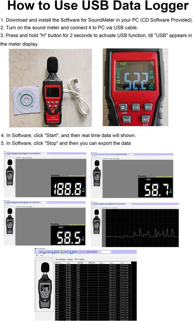 Alt view image 3 of 7 - Digital Sound Level Meter, A/C Frequency Weighting Decibel Meter with USB Data Logger 30-130dB(A/C) Range Max/Min/Data Hold, Fast/Slow Mode