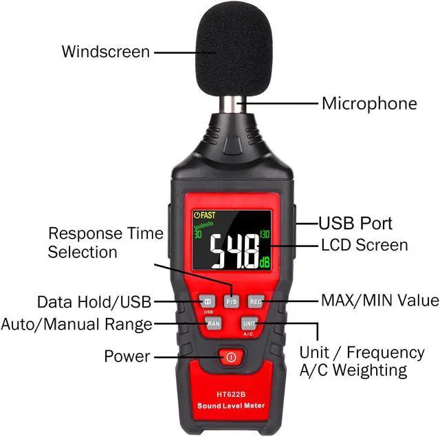 Alt view image 2 of 7 - Digital Sound Level Meter, A/C Frequency Weighting Decibel Meter with USB Data Logger 30-130dB(A/C) Range Max/Min/Data Hold, Fast/Slow Mode