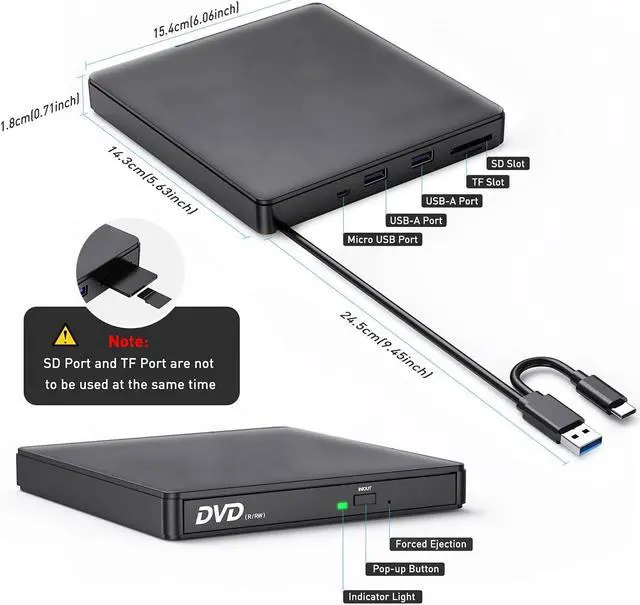 Alt view image 5 of 7 - AUTENS External CD DVD Drive USB 3.0 Type-C CD-RW DVD-R Combo Burner with SD/TF Slot, 2 USB 2.0 Port for PC Laptop Computer Windows 11/10/8/7