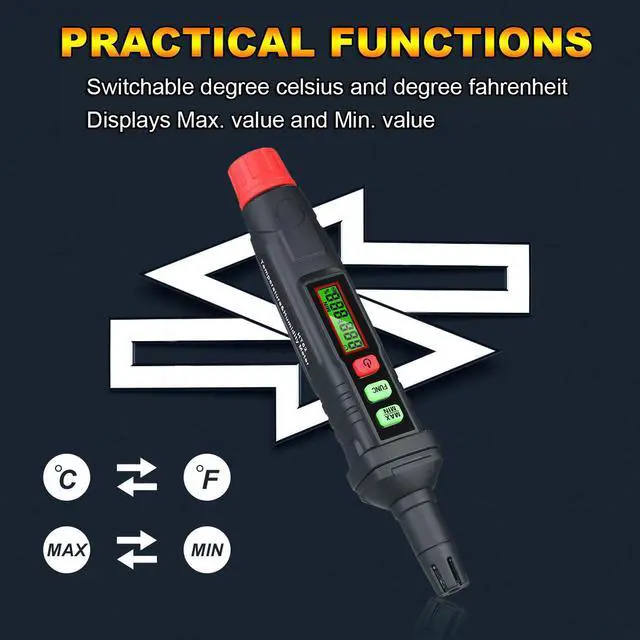 Alt view image 3 of 7 - Portable 4-in-1 Digital Thermo-Hygrometer Psychrometer Mini Temperature Humidity Meter Pen Type Home Greenhouse Indoor Hygrometer with Dew Point & Wet Bulb Temperature, Max/Min, Backlight LCD Display