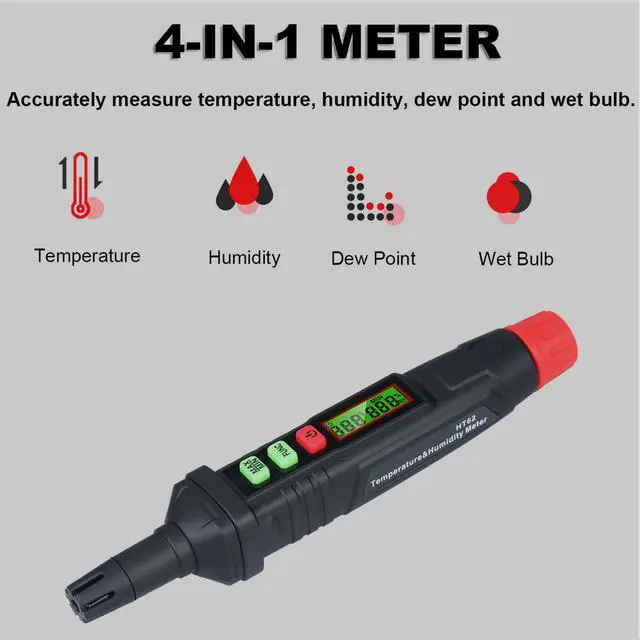 Alt view image 2 of 7 - Portable 4-in-1 Digital Thermo-Hygrometer Psychrometer Mini Temperature Humidity Meter Pen Type Home Greenhouse Indoor Hygrometer with Dew Point & Wet Bulb Temperature, Max/Min, Backlight LCD Display