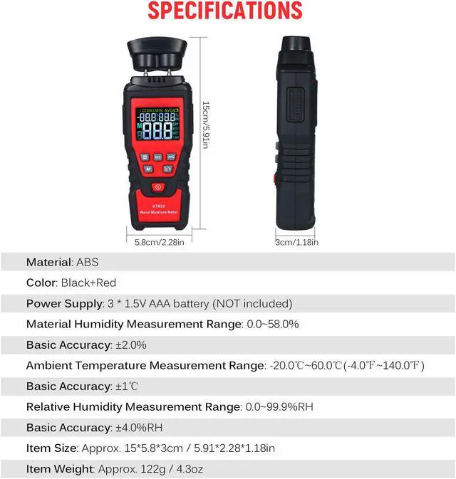 Alt view image 7 of 7 - Wood Moisture Meter Digital Wood Humidity Tester Hygrometer Timber Damp Detector with Pin-Type, Backlit LCD Display, Portable Bag for Detecting Water Leaks and Moisture in Wood Ceilings Walls