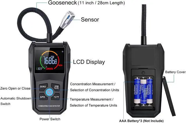 Alt view image 2 of 7 - Gas Leak Detector Portable Flammable Gas Sniffer Combustible Gas Leak Detector with 50000PPM 100%LEL, Color LCD Display, Temperature Measure, Flexible Probe Locates Natural Gas Methane Propane Ethanol