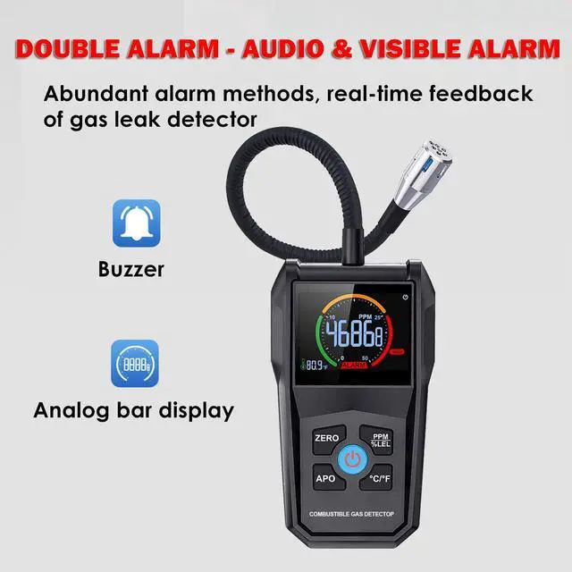 Alt view image 3 of 7 - Gas Leak Detector Portable Flammable Gas Sniffer Combustible Gas Leak Detector with 50000PPM 100%LEL, Color LCD Display, Temperature Measure, Flexible Probe Locates Natural Gas Methane Propane Ethanol