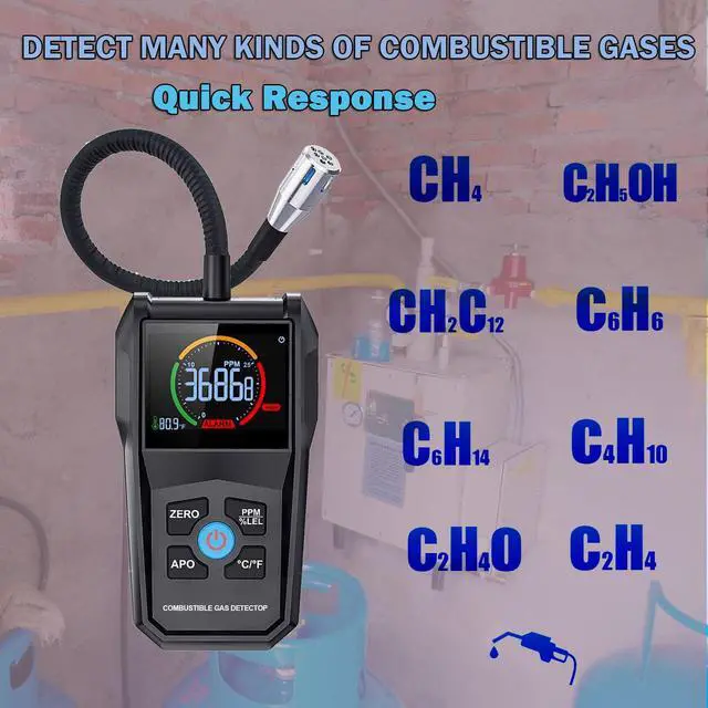 Alt view image 4 of 7 - Gas Leak Detector Portable Flammable Gas Sniffer Combustible Gas Leak Detector with 50000PPM 100%LEL, Color LCD Display, Temperature Measure, Flexible Probe Locates Natural Gas Methane Propane Ethanol