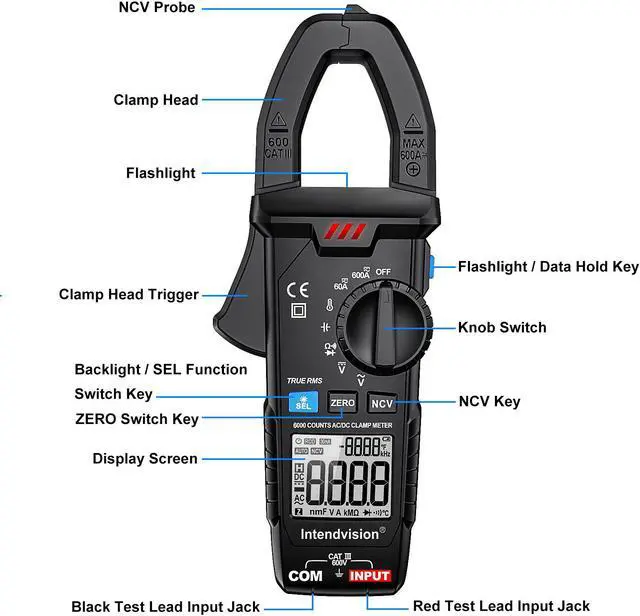 Alt view image 2 of 7 - AC/DC Digital Clamp Meter T-RMS 6000 Counts, Multimeter Voltage Tester Auto-ranging, NCV AC DC Current Voltage Resistance Capacitance Frequency Diode Temperature Measure Tester