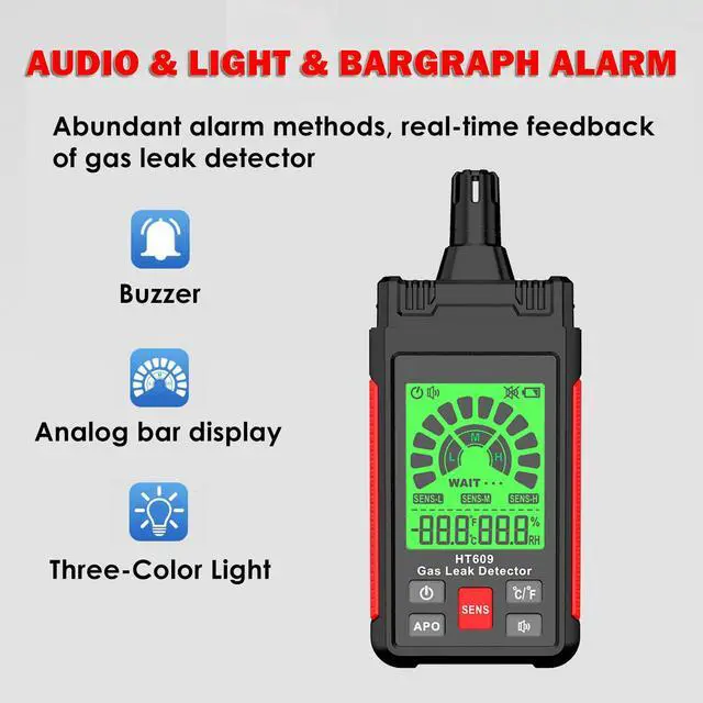 Alt view image 7 of 7 - Gas Leak Detector Sniffer, Natural Gas Detector with 3-Sensitivity Adjustable, Audible & Visual Alarm Locates Combustible Gas Sources Like Methane, Propane for Home HT609