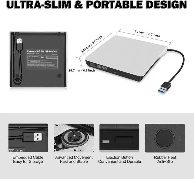 Alt view image 5 of 7 - AUTENS External CD DVD Drive USB 3.0 Portable Fits for DVD-R DVD-RW DVD+R DVD+RW DVD-ROM Super Speed Data Transfer for PC Laptop Computer Windows 11/10/8/7 (White)