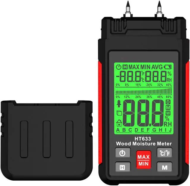 Main image of Wood Moisture Meter Water Leak Detector with Backlit LCD Display, Temperature & Humidity Measurement, Pin-Type for Wooden Material Mortar Plywood Firewood Concrete Wall Paper Floor Carpet HT633