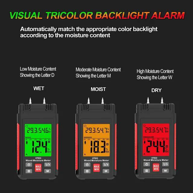 Alt view image 4 of 7 - Wood Moisture Meter Water Leak Detector with Backlit LCD Display, Temperature & Humidity Measurement, Pin-Type for Wooden Material Mortar Plywood Firewood Concrete Wall Paper Floor Carpet HT633