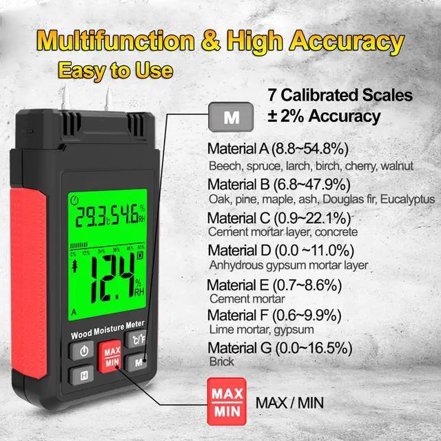 Alt view image 3 of 7 - Wood Moisture Meter Water Leak Detector with Backlit LCD Display, Temperature & Humidity Measurement, Pin-Type for Wooden Material Mortar Plywood Firewood Concrete Wall Paper Floor Carpet HT633