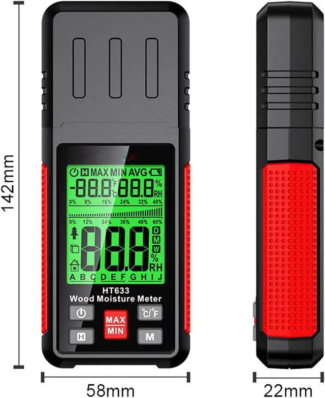 Alt view image 7 of 7 - Wood Moisture Meter Water Leak Detector with Backlit LCD Display, Temperature & Humidity Measurement, Pin-Type for Wooden Material Mortar Plywood Firewood Concrete Wall Paper Floor Carpet HT633