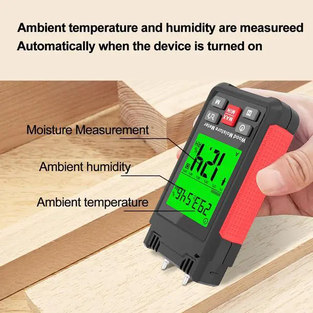 Alt view image 5 of 7 - Wood Moisture Meter Water Leak Detector with Backlit LCD Display, Temperature & Humidity Measurement, Pin-Type for Wooden Material Mortar Plywood Firewood Concrete Wall Paper Floor Carpet HT633